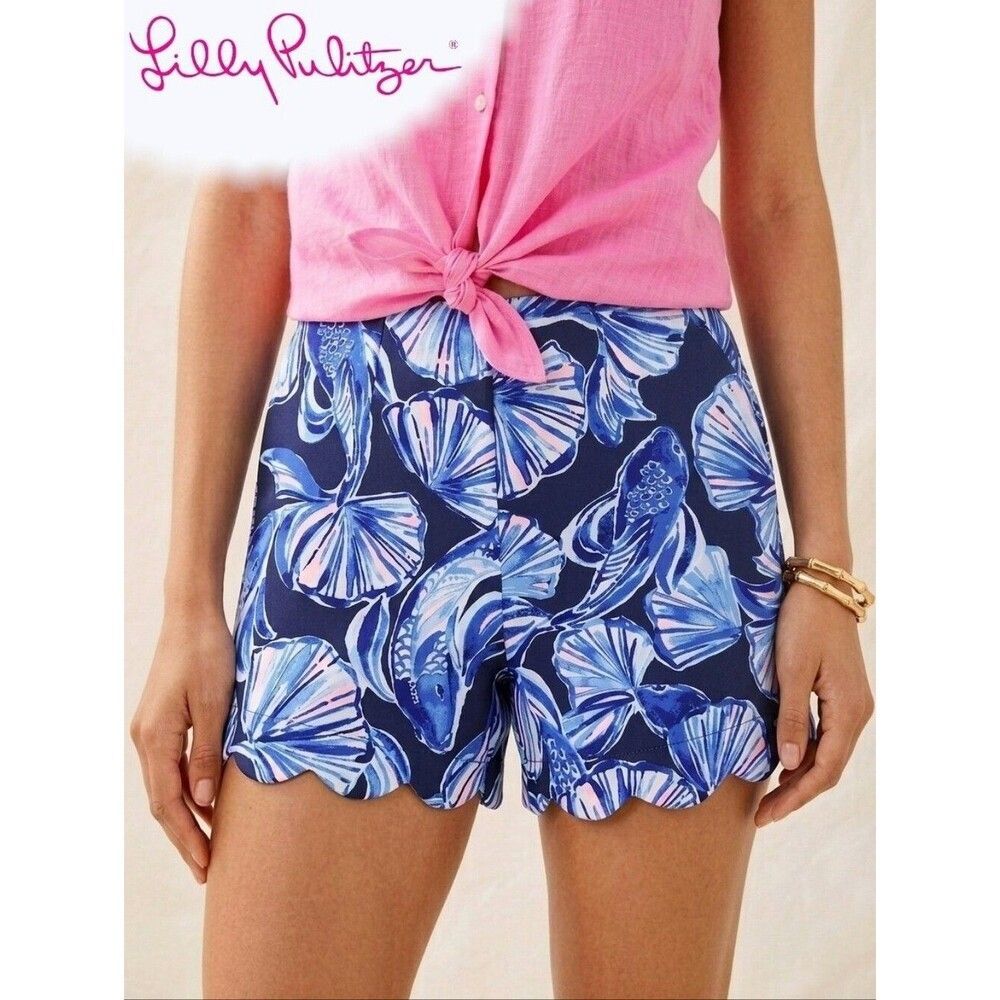 Lilly Pulitzer Women's Scallop Hem Mid-Rise Stretchy Summer Shorts Blue Size XS